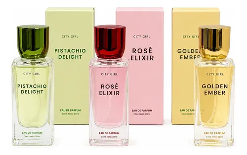 Set X3 Perfumes City Girl 30ml Mujer Fragancias Dulces Pistacho Golden Y Rose Elixir