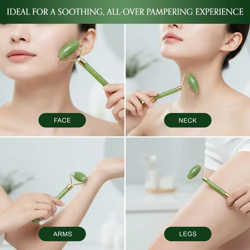 Set Masajeador Facial Jade Roller Y Gua Sha 4 Unidades Verde