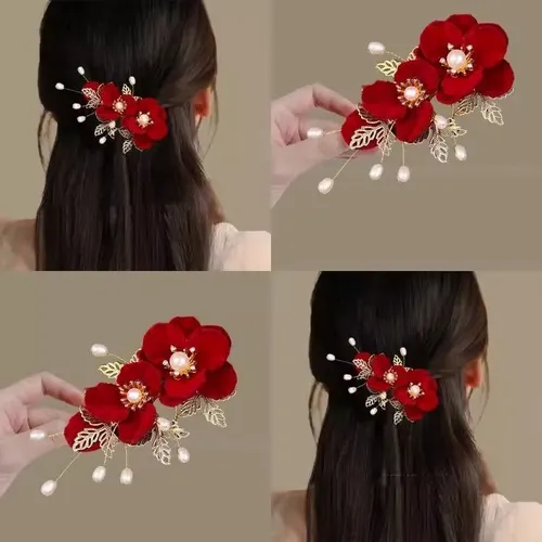 Horquilla De Flor De Terciopelo Rojo Antiguo Con Perlas