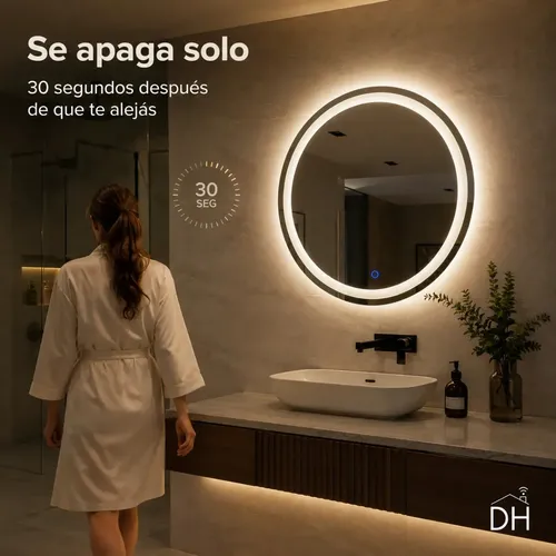 Espejo Inteligente Redondo Luz Led 60cm Sensor Presencia Dec Luz Cálida