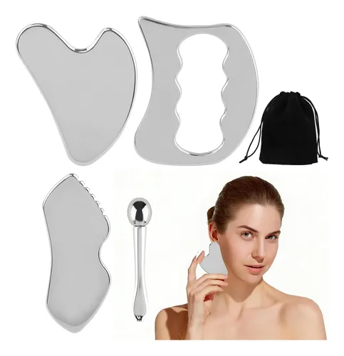 Set Gua Sha Acero Facial Y Corporal Con Estuche Terciopelo