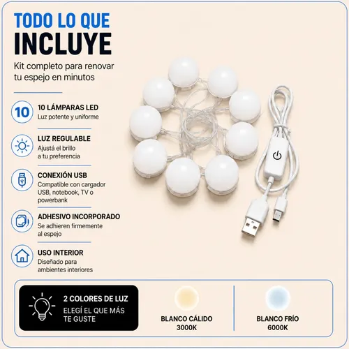 Kit Lamparas Led Espejo Tocador Luces Maquillaje Usb 220v