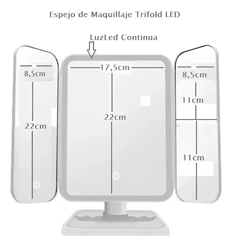 Espejo Maquillaje 3 Modos D Luz Aumento 1x/2x/3x Recargable