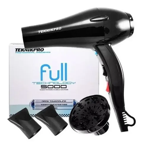 Secador De Pelo Profesional Teknikpro Full 5000 Mas Difusor Color Negro