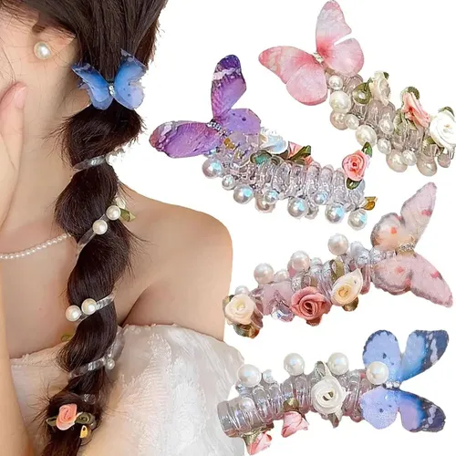 4 Pzas. Ligas Suaves Espirales Con Mariposa Para El Cabello