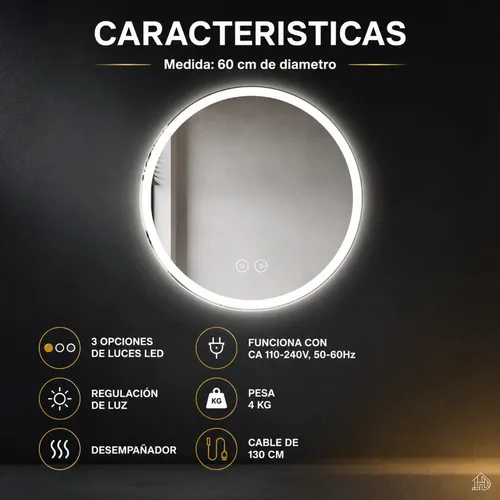 Espejo Redondo Circular Digital Luz Led Desempañador 60cm
