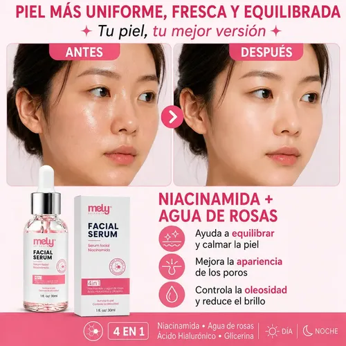 Sérum Facial Mely 4 en 1 Niacinamida Ácido Hialurónico Vegano Día/Noche