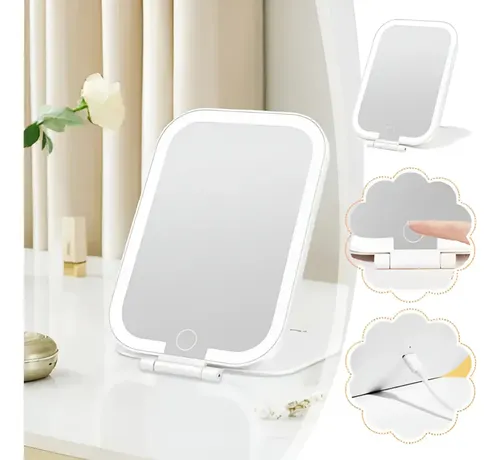 Espejo Maquillaje LED Táctil Recargable 3 Modos con Estuche Blanco