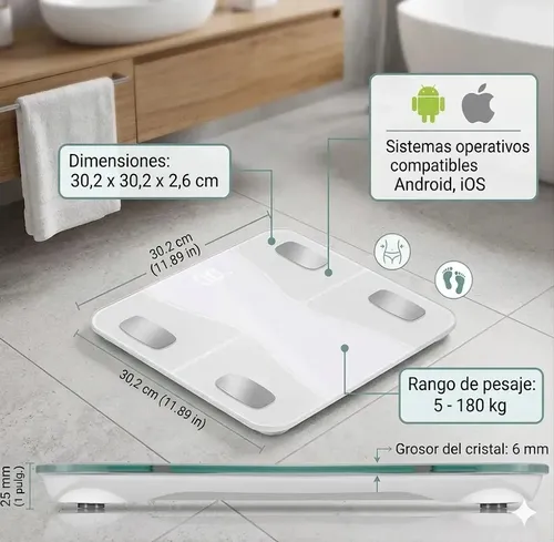 Balanza Digital de Baño GA con Bluetooth y Medidor de Grasa Corporal