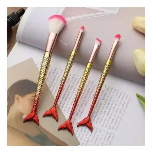 Set 4 Brochas Maquillaje Profesional Pinceles Cola Sirena