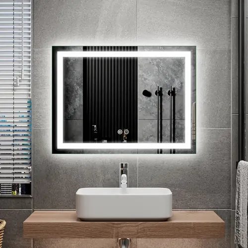 Espejo Luz Led Touch/Táctil Inteligente Baño Premium Desempañante Fría/Cálida/Neutra Rectangular Horizontal Moderno 80x60cm Esmerilado Regulación de Brillo