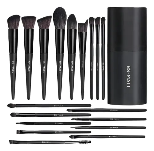 Set De 18 Pinceles Y Brochas Maquillaje Negro Vegano Estuche Negro