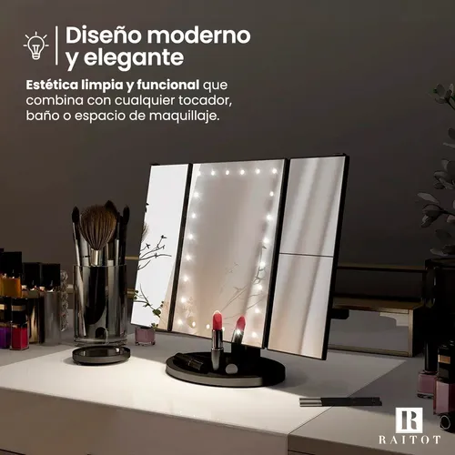 Espejo Aumento Luz Maquillaje Giratorio Tactil Touch De Mesa Marco Negro Raitot