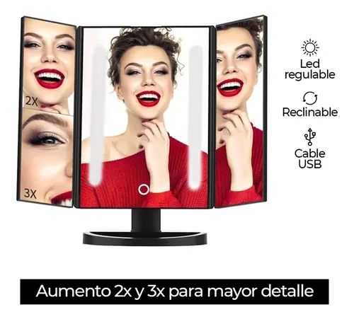 Espejo Tríptico Beauty24 Maquillaje Rectangular con Luz LED Aumento Negro