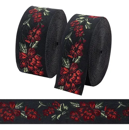 Cinta De Flores Jacquard De Poliéster De Estilo Étnico Plano Black Background With Red Flowers And Green Leaves Floral Jacquard