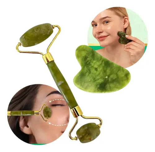 Rodillo Doble Masajeador Piedra Jade Facial Corporal Color Verde Oscuro