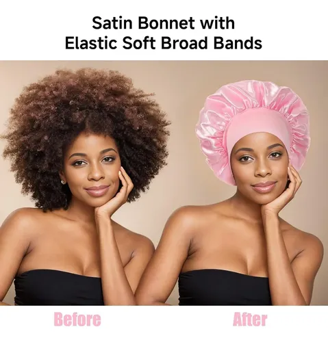 Gorro De Satén Para Dormir, Banda Ajustable, Rosa Rosa