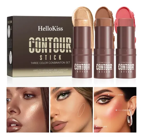 Hellokiss Set 3 Barra Contorno Iluminador Rubor Facial Larga