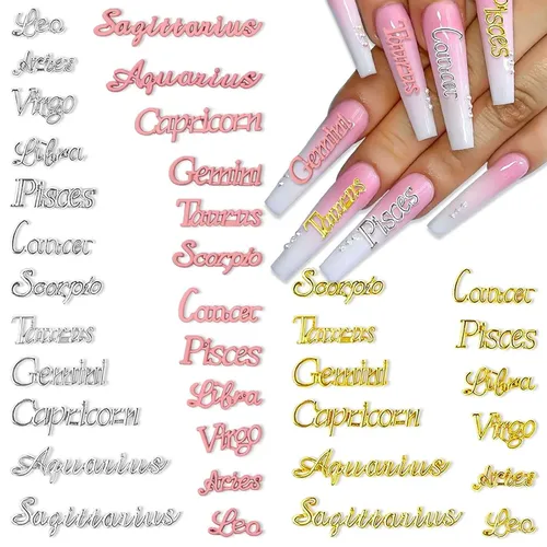 36pcs Letras Uñas Arte Zodiacal Aries Piscis Oro Plata Rosa