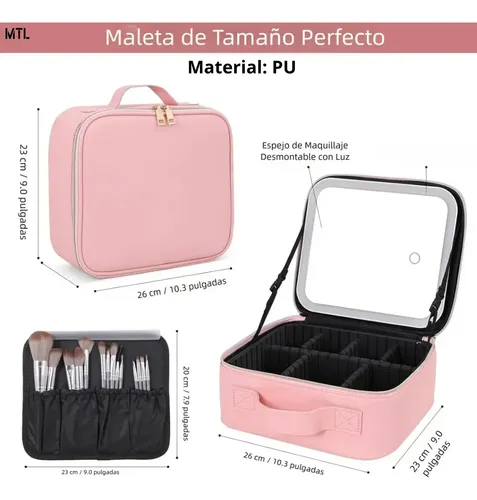 Organizador Mtl Portátil Luz Led Espejo Accesorios Pu Viajes