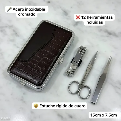 Set Manicura Pedicura 12 Piezas Acero Estuche Marrón