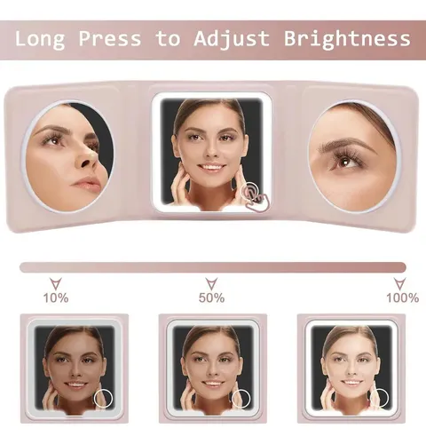 Espejo de Maquillaje Recargable con Luz LED y Aumento 5X/10X para Bolso Rosa