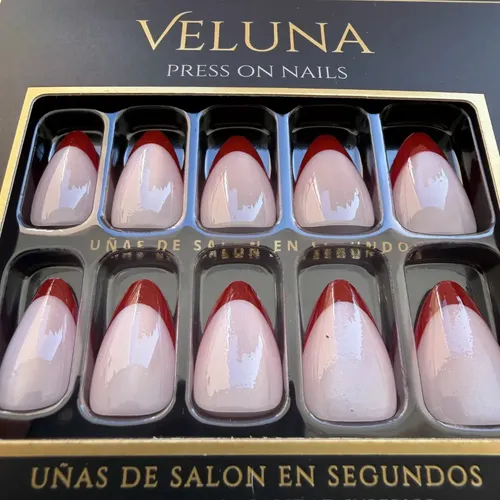 VELUNA Uñas Press On Francesitas Varios Diseños Reutilizables – Rojo Perlado