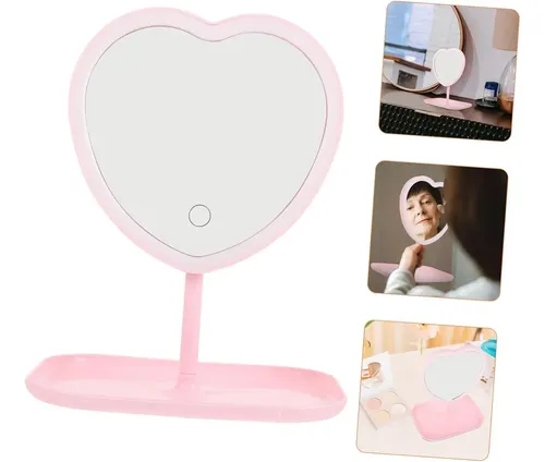 Espejo Maquillaje Corazón Luz LED 3 Tonos USB Blanco 30cm Con Bandeja