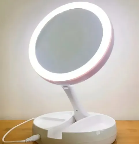 Espejo Luz Led Maquillaje Tocador Con Aumento Plegable Usb Marco Blanco