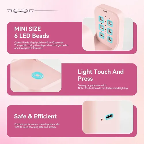Lámpara Led Uñas Recargable Portátil Rosa Con Timer