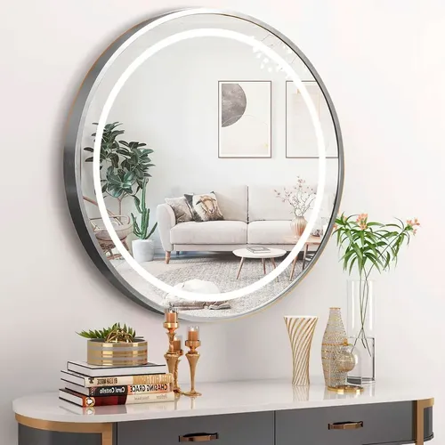 Espejo Redondo 50 Cm Circular Luz Led Marco De Aluminio Marco Plateado