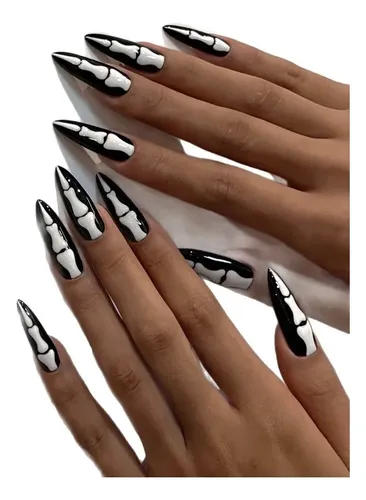 Manicura Gótica De Halloween, Nudillos Blancos Y Negras ^^