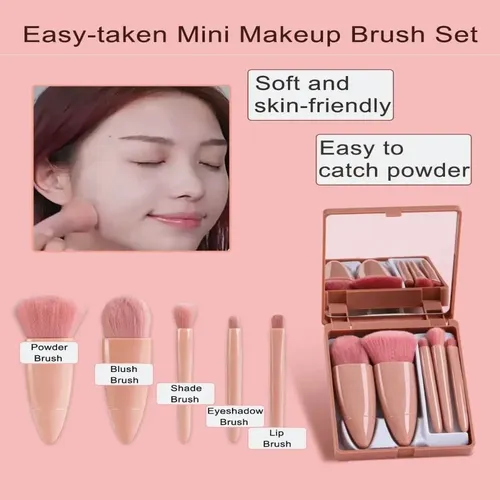 Set Brochas Maquillaje Viaje Con Espejo 5 Piezas Coffee
