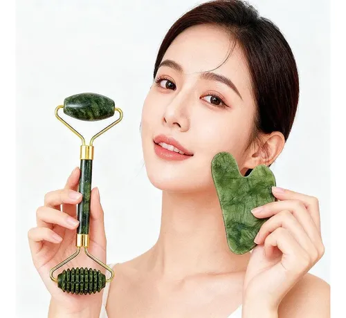 Set Rodillo Y Gua Sha Cuarzo Negro Para Masaje Facial