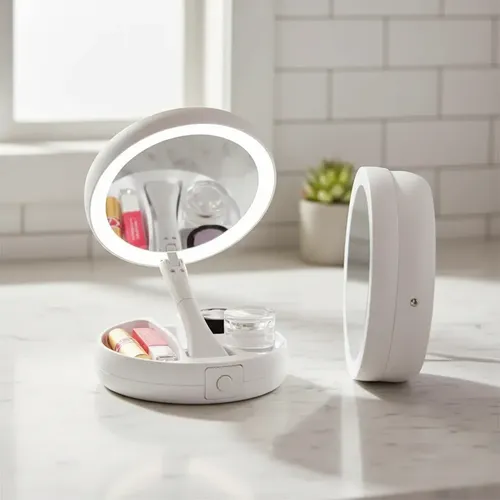 Espejo Para Maquillaje Doble C/ Aumento 10x Y Luz Led Blanco