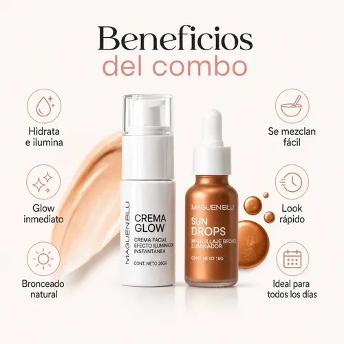 Set De Maquillaje Crema Facial Iluminadora Glow + Bronzer Líquido Sun Drops Efecto Bronceado | Dorado | Iluminador | Bronceador | En Gotas | Rubor | Multitasker Skincare Maquillaje Tono Personalizable