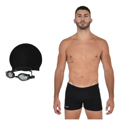 Kit Short Hombre Natacion Malla + Antiparra + Gorra Silicona