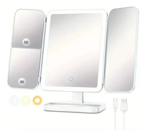 Espejo de maquillaje con luz 3 modos aumento 1x 2x 3x recargable blanco