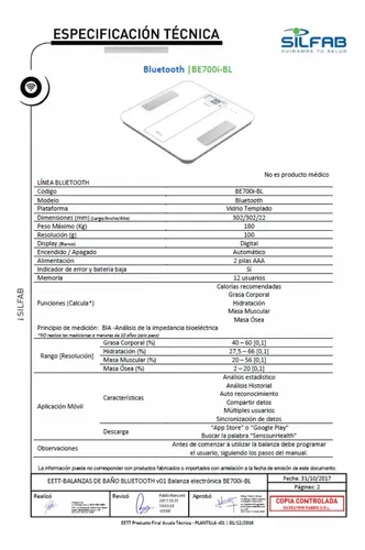 Balanza Digital Multifunción Bluetooth Silfab Be700i-bl