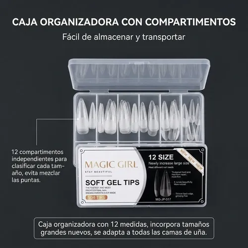 Tips Soft Gel Stiletto Transparente 504 Unidades 12 Tamaños