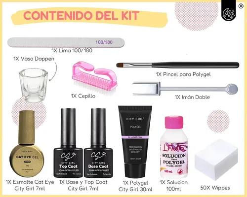 Kit Uñas Polygel Esculpidas Esmaltado Semipermanente Cat Eye
