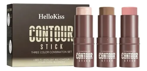 Hellokiss Set 3 Barra Contorno Iluminador Rubor Facial Larga