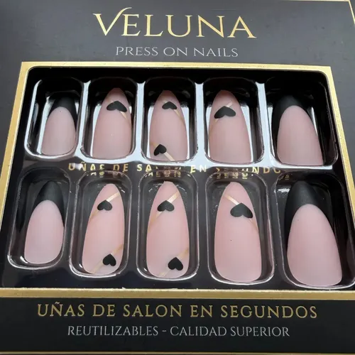 Uñas Postizas Press On Nails Veluna Reutilizables Diseños Variados – Black Heart French