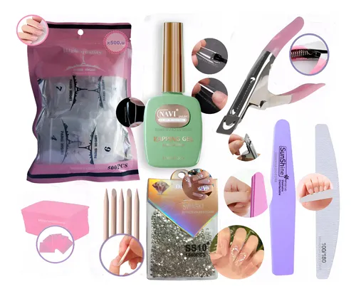 Kit Tips X500 Soft Gel. Kapping Navi, Strass, Lima, Wipes.