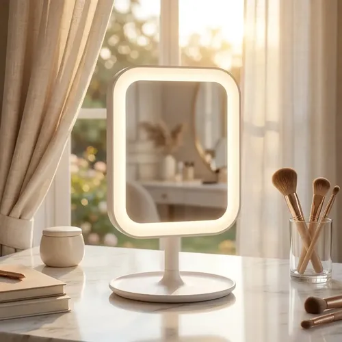 Espejo Mtl De Mesa Rectangular Con Luz Led Portátil Diseño Moderno Minimalista Blanco Maquillaje Profesional Cuidado Personal Tocador Dormitorio Baño Iluminación Natural Precisa Elegante Compacto