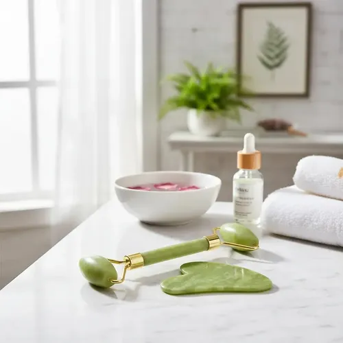 Jade Roller Masajeador Facial Y Piedra Gua Sha Set Verde