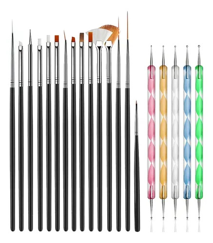 Set 20 Herramientas Para Uñas Negro Con Pinceles Y Dotting