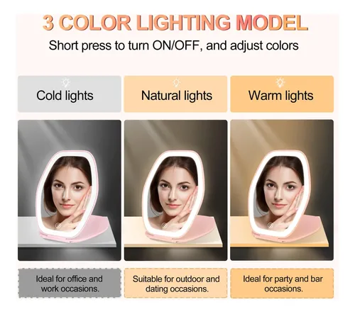 Espejo De Maquillaje De Viaje Con Luz: Espejo Portátil Con 3