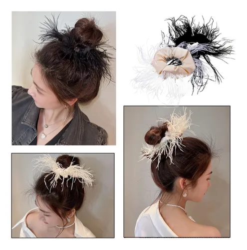 2 Diademas De Mujer Con Scrunchies Para Coleta, Plumas, Elás