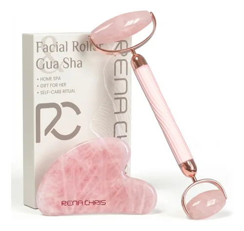 Set Masajeador Facial Rena Chris Rodillo Y Gua Sha Rosa
